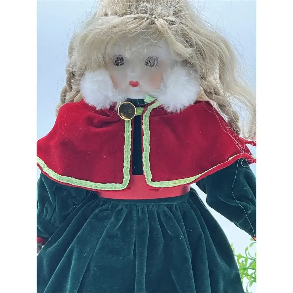 Vintage Porcelain Christmas Doll – Green Dress, Red Cape, Holiday Décor (Blonde)